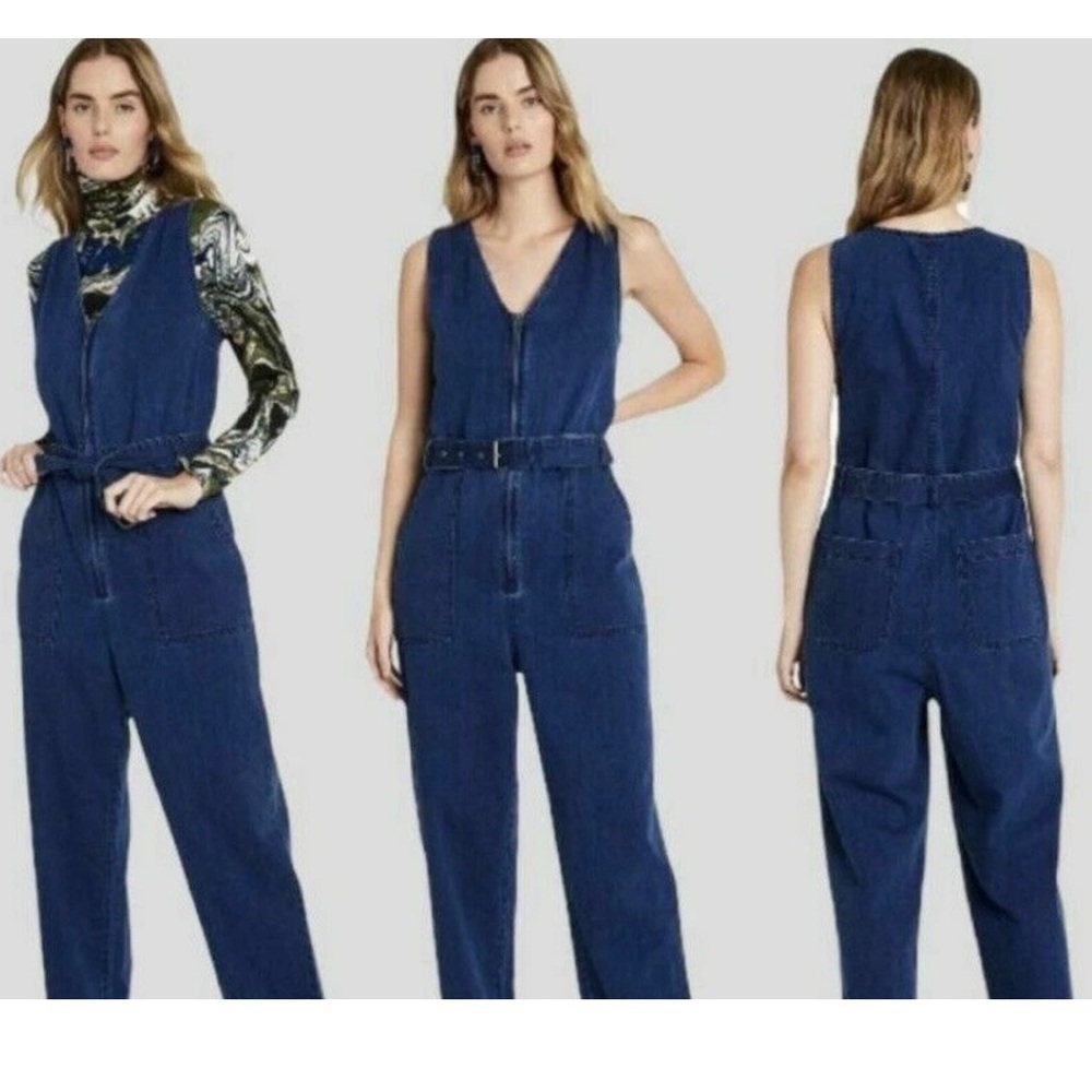 EUC Rebecca Taylor La Vie Dark Wash Blue Denim Jumpsuit  No Belt - Picture 3 of 11